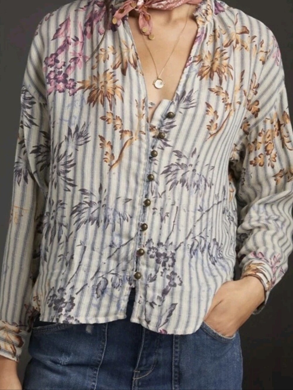Pilcro Anthropologie Tavi Floral Striped Cotton Gauze Blouse Shirt M